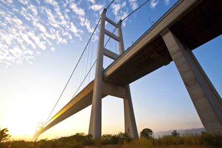 Tsing Ma Bridge in Hong Kong at sunset timeの写真素材