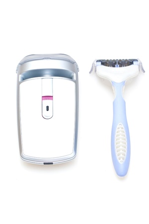 Electric and traditional shaver isolated on white backgroundの写真素材