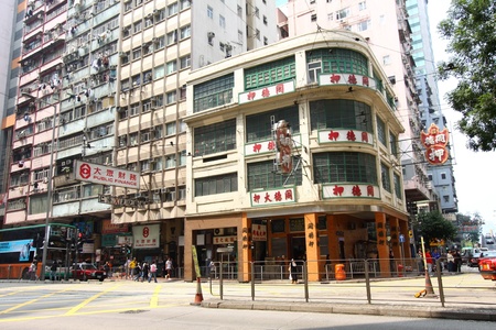 HONG KONG - MAR 12, A busy street with old apartment blocks in Wai Chai, Hong Kong on 21 March, 2011. のeditorial素材