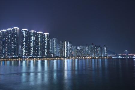 Hong Kong apartment blocks at nightの写真素材
