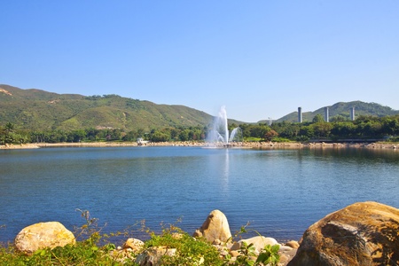 Lake under blue skyの写真素材
