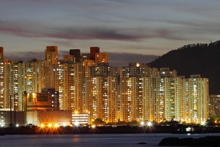 Hong Kong apartment blocks at nightの写真素材