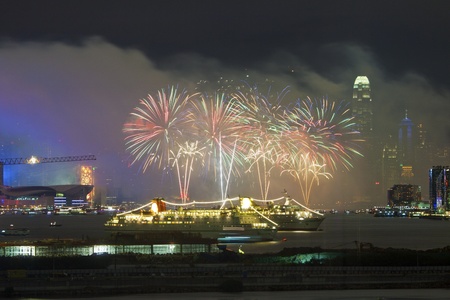 HONG KONG - JAN 24, Lunar New Year Fireworks along Victoria Harbor in Hong Kong on 24 January, 2012. This is an annual event in Chinese New Year.のeditorial素材