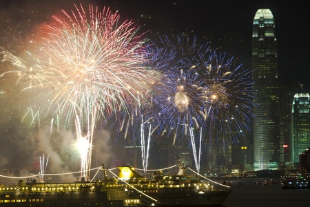 HONG KONG - JAN 24, Lunar New Year Fireworks along Victoria Harbor in Hong Kong on 24 January, 2012. This is an annual event in Chinese New Year.のeditorial素材