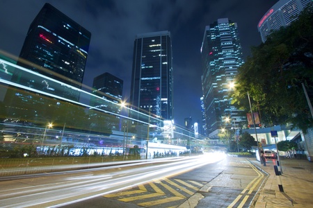 Traffic in downtown of Hong Kong at nightの写真素材