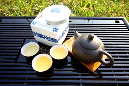 Asian tea set on grassesの写真素材
