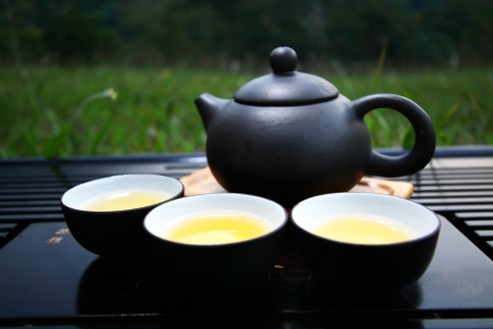 Chinese tea set on grassesの写真素材