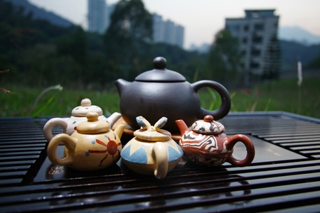 Chinese tea set on grassesの写真素材