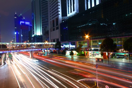 Traffic through downtown of Shenzhen at nightの写真素材