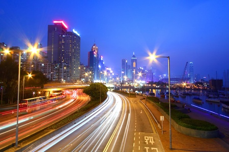Traffic through downtown of Hong Kong at nightのeditorial素材