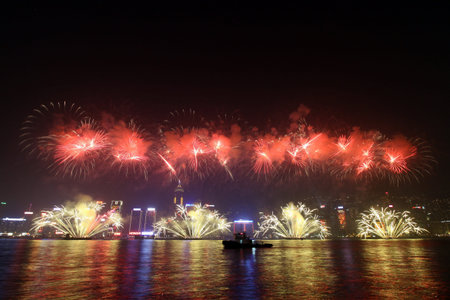 HONG KONG - FEB 4, Lunar New Year Fireworks along Victoria Harbor in Hong Kong on 4 Feburary, 2011. This is an annual event in Chinese New Year.のeditorial素材
