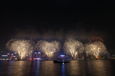 HONG KONG - FEB 4, Lunar New Year Fireworks along Victoria Harbor in Hong Kong on 4 Feburary, 2011....