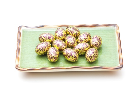 Easter eggs on plateの写真素材