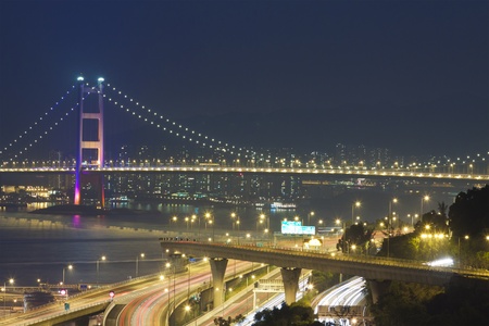 Tsing Ma Bridge and highway scene in Hong Kongのeditorial素材