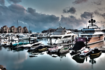 Yacht pier at sunset, HDR image. のeditorial素材