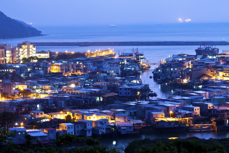 Tai O fishing village at night in Hong Kongの写真素材