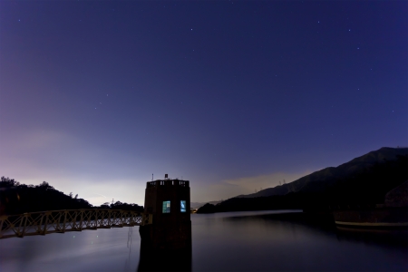 Lake landscape at night の写真素材