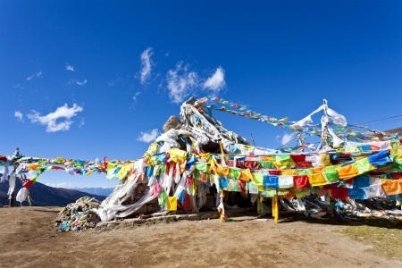 Colorful prayer flags and snow mountain のeditorial素材