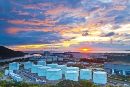 Oil tanks at sunset in Hong Kongの写真素材