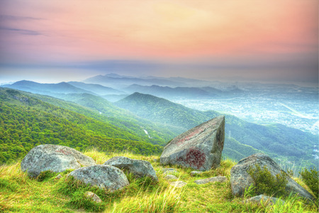 Sunset at mountain landscape in Hong Kongの写真素材