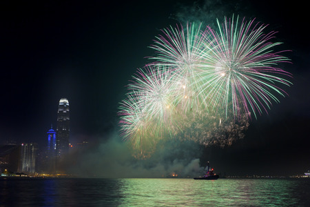 HONG KONG - FEBRUARY 1, Hong Kong Chinese New Year Fireworks at Victoria Harbour, Hong Kong on 1 February, 2014. It is the celebration of year of horse and lasts for 30 minutes.のeditorial素材
