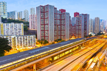 Railway transportation in Hong Kong at nightの写真素材