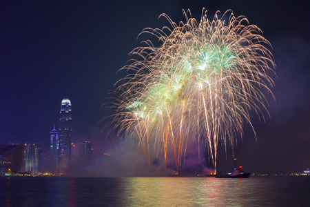 HONG KONG - FEBRUARY 1, Hong Kong Chinese New Year Fireworks at Victoria Harbour, Hong Kong on 1 February, 2014. It is the celebration of year of horse and lasts for 30 minutes.のeditorial素材