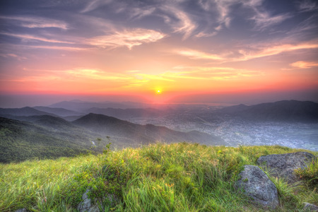 Sunset at Hong Kong at mountains, HDR image.の写真素材