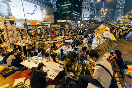 HONG KONG, OCT 14: Umbrella Revolution in Admiralty on 14 October 2014. Hong Kong people set up many facilities at the occupied zone.のeditorial素材