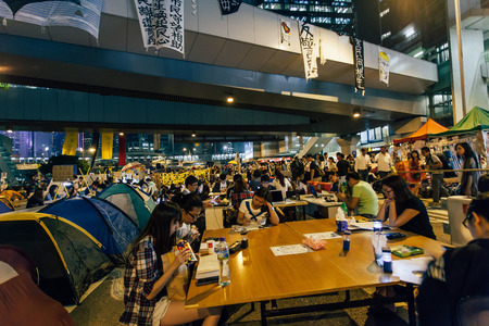 HONG KONG, OCT 14: Umbrella Revolution in Admiralty on 14 October 2014. Hong Kong people set up many facilities at the occupied zone.のeditorial素材