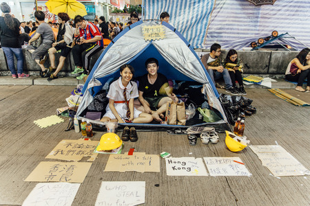 HONG KONG, OCT 23: Umbrella Revolution in Mongkok on 23 October 2014. Hong Kong people are fighting for a real universal suffrage for the next chief executive election.のeditorial素材