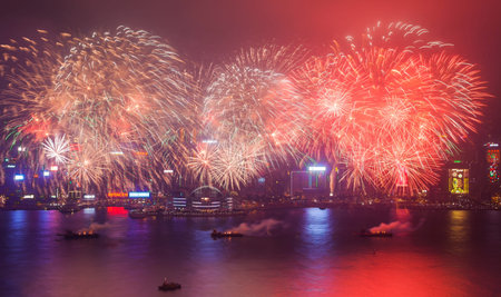 HONG KONG - FEBRUARY 20, Hong Kong Chinese New Year Fireworks at Victoria Harbour, Hong Kong on 20...