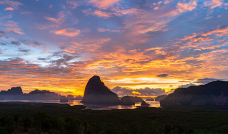 Samed nang chee, famous destination in Phang nga, Beautiful unseen paradise scene of seascape at Andaman sea in Southern Thailand. The landscape view with morning sunlight, the nature bay near Phuket.の写真素材