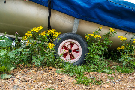 The wheels of a boat trailer with a boat strapped in. Flowers and beach stones surround the trailerの写真素材