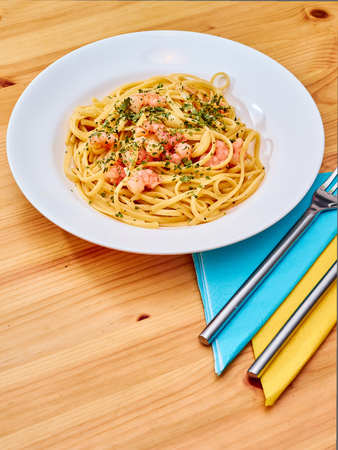 Prawn Linguine pasta with basil の写真素材