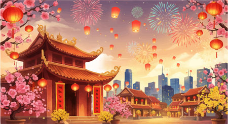 Experience the vibrant Lunar New Year celebration with glowing lanterns and stunning fireworks. A beautiful cultural scene of tradition and festive cheer.のイラスト素材