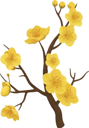 Bring a touch of spring cheer! Delicate yellow flowers on a branch, ideal for adding warmth and beauty to your designs. Perfect for invitations or greetings.のイラスト素材