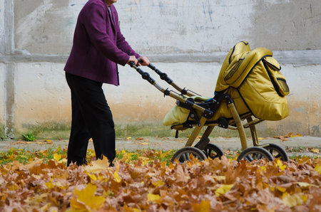 Elderly woman with a baby carriage. walking on yellow foliage. Elderly woman riding a stroller on...
