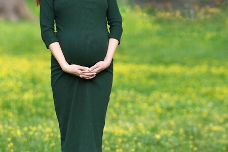 pregnant belly closeup. Closeup on the belly of a pregnant woman wearing a long green dress, a new concept of life, a place for writing. Copyspaceの写真素材