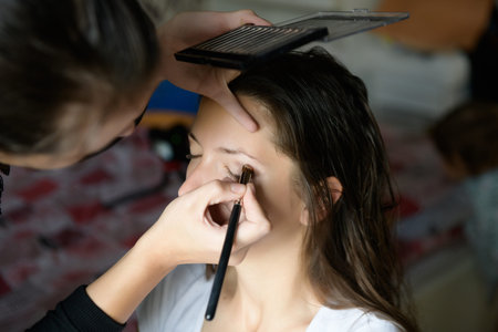 Makeup artist paints eyes. Closeup portrait of a woman having applied makeup by makeup artist.