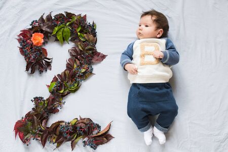2 months baby. Two months old boy at home on the couch. figure 2 is laid out from the foliage. Top view, flat layの写真素材
