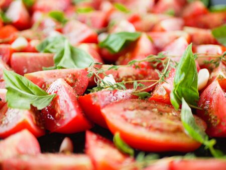 tomatoes with provencal herbs, basil, thyme, and garlic. Vegetarian ratatouille from eggplants, zucchini, tomatoes and bell pepper sauce and tomato with herbs in ceramic form before baking. Top view. Close upの写真素材