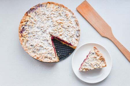 berry pie for breakfast. view from above. homemade baking.の写真素材