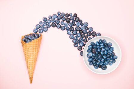 blueberries and horn. Blueberry Blast. Photo of blueberries in a waffle cone. View from above. High Resolution Productの写真素材