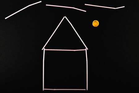 plastic house. Plastic model of the house. On a black background. Real estate conceptの写真素材