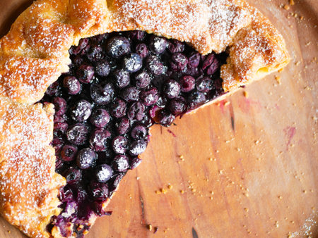 blueberry pie on a wooden plate. close-up. view from above. place for writing.の写真素材
