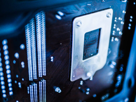 motherboard. Circuit board. Electronic computer hardware technology. Motherboard digital chip. Tech science background. Integrated communication processor. Information engineering component. Blue colorの写真素材