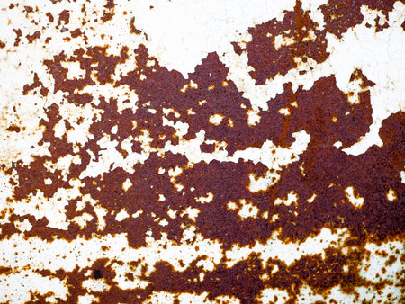 rust of an old ship closeup. Background blue grungy steel ship hull.