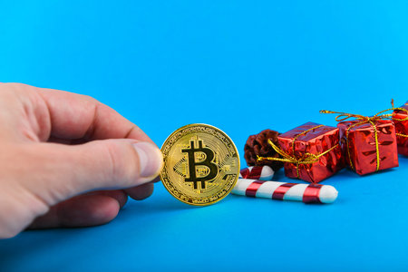 New Year Bitcoin. The concept of festive bitcoins. Place for an inscription. Bitcoin and christmas. contribution to the future.の写真素材