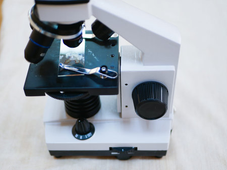 Medical microscope. Large view. Black and white. Laboratory microscope stereo eyepiece in the...